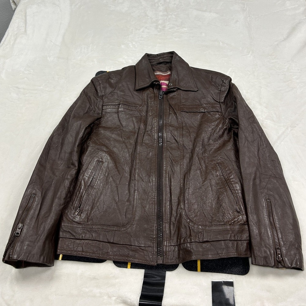 Vintage Leather Jacket womans XL Brown Fur Lined Zipper Cuffs Moto Coat